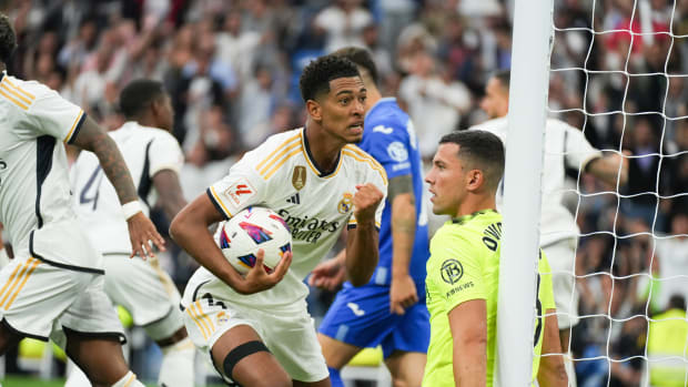 Jude Bellingham pictured celebrating after scoring the winning goal for Real Madrid against Getafe in his first ever game at the Bernabeu in September 2023